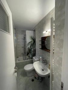 uma casa de banho com um WC branco e um lavatório. em Private Spacious Apartment em Atenas
