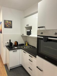 a white kitchen with a sink and a microwave at Anna's Apartment 4 Personen in Wiesbaden