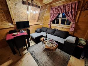 a living room with a couch and a table at Vikendica Šumski Dragulj in Bajina Bašta