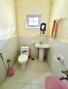 a small bathroom with a toilet and a sink at Indus Cabana Guest House and resort in Skardu