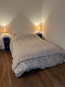 ein Schlafzimmer mit einem Bett mit zwei Lampen an zwei Tischen in der Unterkunft Appartement Cosy et agréable in Colombes