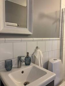 a white sink in a bathroom with a mirror at Gästhus i gårdsmiljö in Forsheda +13 photos
