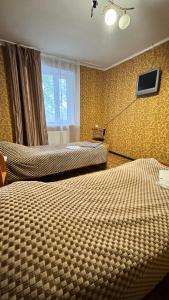 1 dormitorio con 2 camas y TV en la pared en Золотий Дракон, en Haysyn
