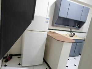 a small kitchen with a refrigerator and a tv at Nile house in Jazīrat al ‘Awwāmīyah