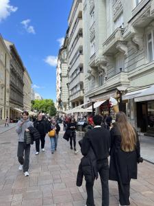 a group of people walking down a city street at Budapest Diamond Flat in Budapest