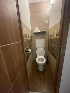 Elle comprend une petite salle de bains pourvue de toilettes et d'une porte en bois. dans l'établissement Fairytale apartment, à Dunakeszi