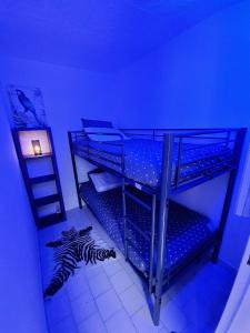 une chambre avec deux lits superposés et un zèbre au sol dans l'établissement Appt LGM, au couchant, piscine, 300m plage, à La Grande Motte 11 autres photos