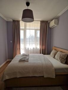 En eller flere senge i et værelse på Sunny apartment near Mall Plovdiv