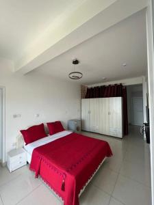 ein Schlafzimmer mit einem großen Bett mit einer roten Decke in der Unterkunft NBE Apartment in Kigali