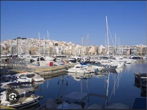 a bunch of boats docked in a marina with buildings at Qqueen House in Piraeus