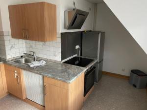 een kleine keuken met een wastafel en een koelkast bij Ferienwohnung Emily in Friesenheim