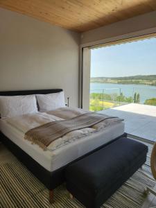 1 dormitorio con cama grande y ventana grande en Lake View Apartments Beinwil am See (30 km to Lucerne), en Beinwil
