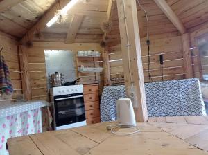 a kitchen in a log cabin with a stove at Oaza nad Krutynią in Ukta