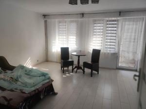 een woonkamer met een tafel en stoelen en een bed bij Mieszkanie w Tucholi in Tuchola