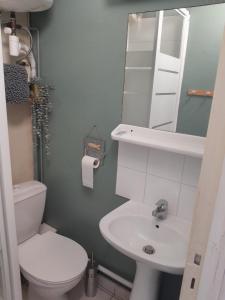 bagno con servizi igienici, lavandino e specchio di Studio Cosy a Wissant