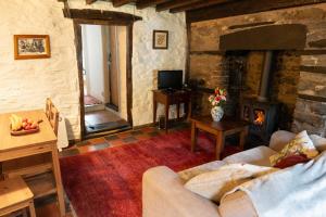 a living room with a couch and a fireplace at Deer House in Machynlleth