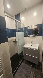 La salle de bains est pourvue d'un lavabo et d'une douche. dans l'établissement Maisonnette Proche plage, à Brest