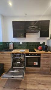 uma cozinha com um fogão e uma máquina de lavar louça em Maisonnette Proche plage em Brest