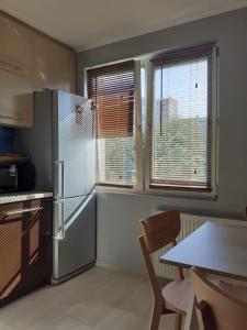 eine Küche mit einem Kühlschrank, einem Tisch und einem Fenster in der Unterkunft GREEN AP Nalkowskich in Lublin
