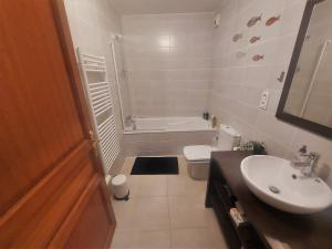 a bathroom with a sink and a toilet and a tub at Cosy marina moderne et spacieuse in Aigues-Mortes +10 photos