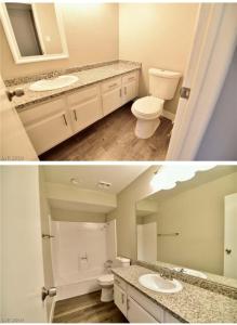 La salle de bains est pourvue de toilettes, d'un lavabo et d'un miroir. dans l'établissement Strip, à Las Vegas