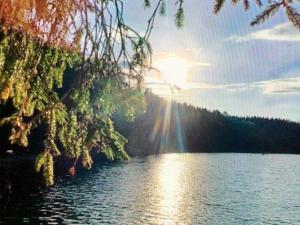 una vista de un lago con el sol brillando en Ferienwohnung in Thermalbadnähe, en Bad Saulgau