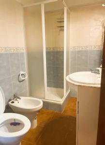 a bathroom with a toilet and a shower and a sink at Olhao Apartment in Olhão