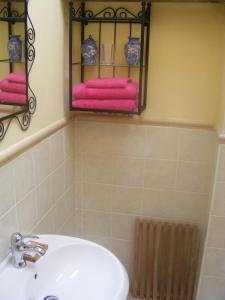 y baño con lavabo, espejo y toallas rosas. en Casa Marchi en Bagni di Lucca