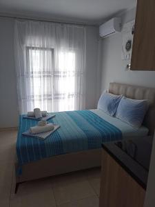佩雷亞的住宿－Aktis Sea View Studios，一间卧室配有一张带蓝色床单的床和一扇窗户。
