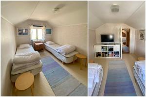 a small room with two beds and a living room at Tömsagården in Järvsö