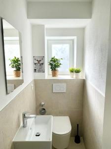 baño con aseo y lavabo y 2 ventanas en StayNature 2BR App. Altstadt, en Bad Reichenhall