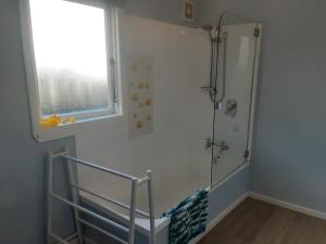 a shower in a bathroom with a window at Relax@99 in Featherston