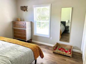 a bedroom with a bed and a dresser and a mirror at Little Pet Friendly House in Greeneville