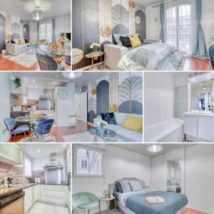 eine Collage mit Fotos von einem Schlafzimmer und einem Wohnzimmer in der Unterkunft L'Elégant Chic-T2-Paris-Disneyland in Noisy-le-Grand