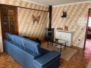 ein Wohnzimmer mit einem blauen Sofa und einem Herd in der Unterkunft apartamento vagos in Vagos