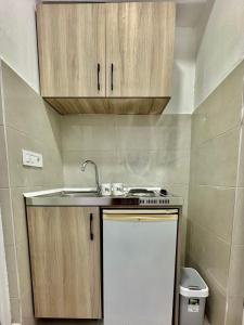 a small kitchen with a sink and a stove at City center in Ulcinj