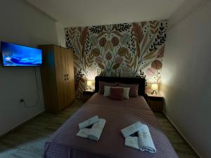 ein Schlafzimmer mit einem Bett mit zwei Kissen darauf in der Unterkunft City center in Ulcinj
