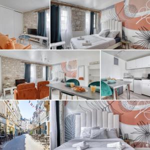 un collage de photos d'une chambre d'hôtel dans l'établissement La Perle de Pontoise - studio proche Paris, à Pontoise