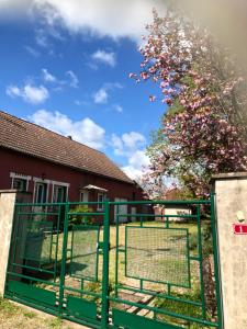 a green gate in front of a tree with pink flowers at La Maison Rose in Viévy +9 photos