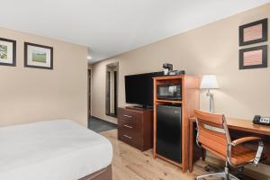 a hotel room with a bed and a desk with a television at Comfort Inn & Suites Beaverton - Portland West in Beaverton