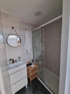 een badkamer met een douche, een wastafel en een spiegel bij Casiña Ermi in Porriño