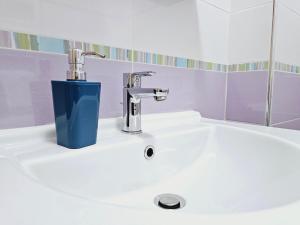 a bathroom sink with a blue soap dispenser on it at De' Bardi apartment x 6 in Florence