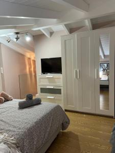 a bedroom with a bed with a television and a cabinet at Spitaki in Alepou