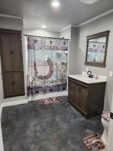 een badkamer met een douche met een octopus douchegordijn bij Horse Hotel and Guest Cabin in Andalusia