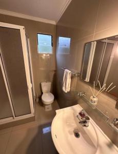 a bathroom with a sink and a toilet and a mirror at Cabañas Borde Río Jacussi in Concepción