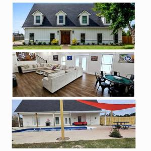 duas fotos de uma casa com um sofá e uma mesa em Louisiana 5BR Luxury Pool Retreat em Lake Charles