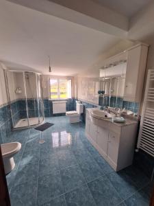 y baño con lavabo, ducha y aseo. en Casa da Riba da Lama Niñons ,Costa da Morte, en Ponteceso