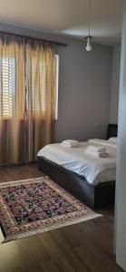 a bedroom with a bed and a rug and a window at CozyNest Apartments in Tirana