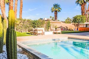 una piscina en un patio con un cactus en Luminous Home with Pool and Views, en Palm Springs