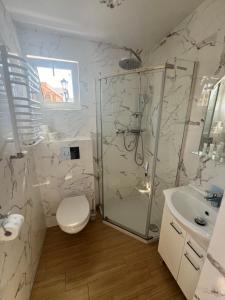 a bathroom with a shower and a toilet and a sink at Na Spokojnie in Jastarnia +16 photos